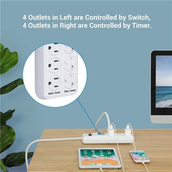 8-Outlet Programmable Power Strip with Timer (4 Timed/ 4 Always On), 6ft - Picture 4 of 6
